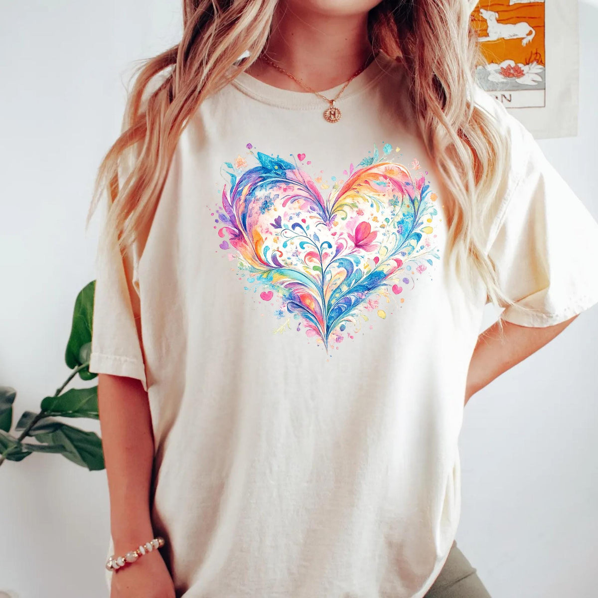 Comfort Colors Watercolor Heart Shirt Mothers Day Gift Colorful Love Art Romantic Cute Trendy Soft Vintage Floral Pastel Tee Women Mom Gift