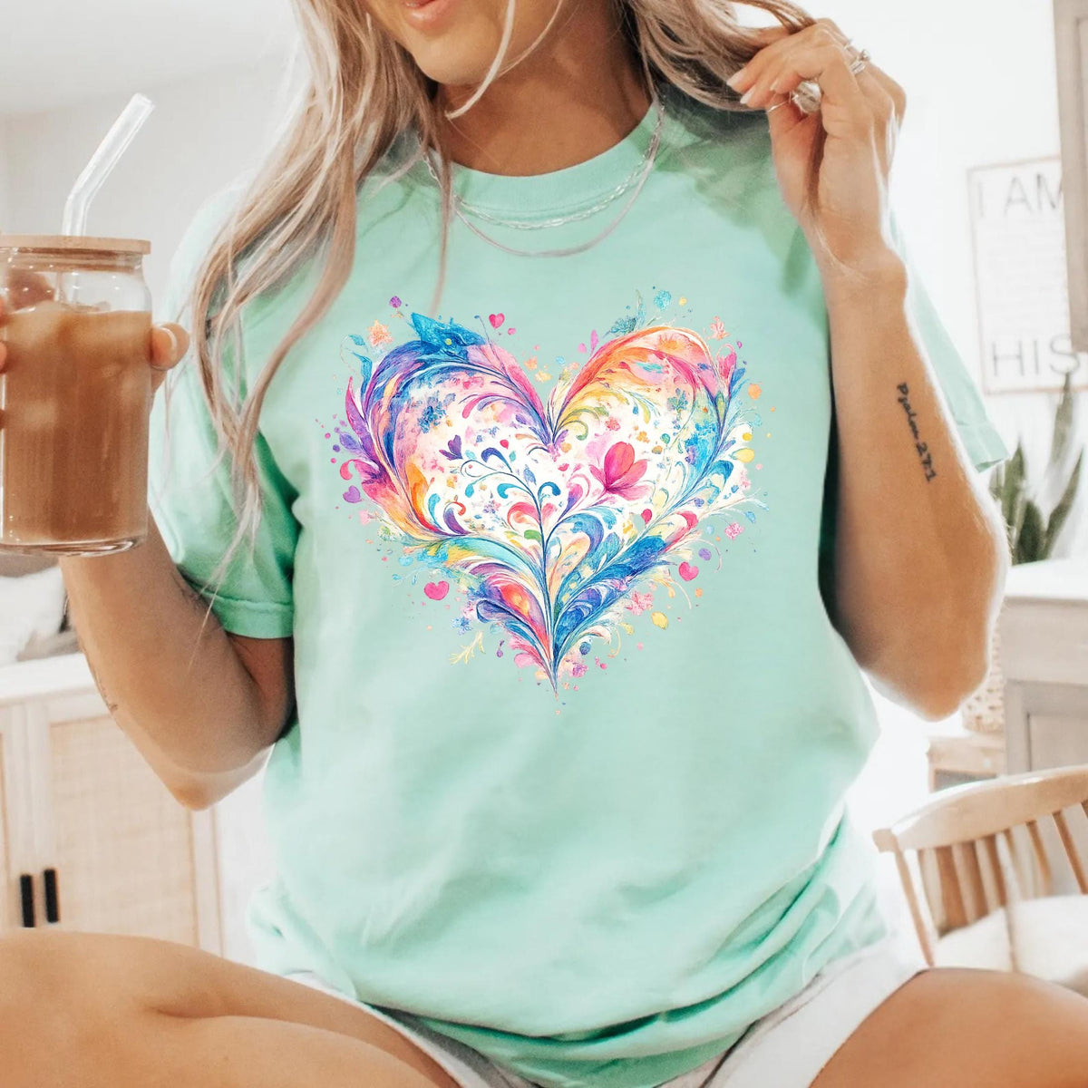 Comfort Colors Watercolor Heart Shirt Mothers Day Gift Colorful Love Art Romantic Cute Trendy Soft Vintage Floral Pastel Tee Women Mom Gift