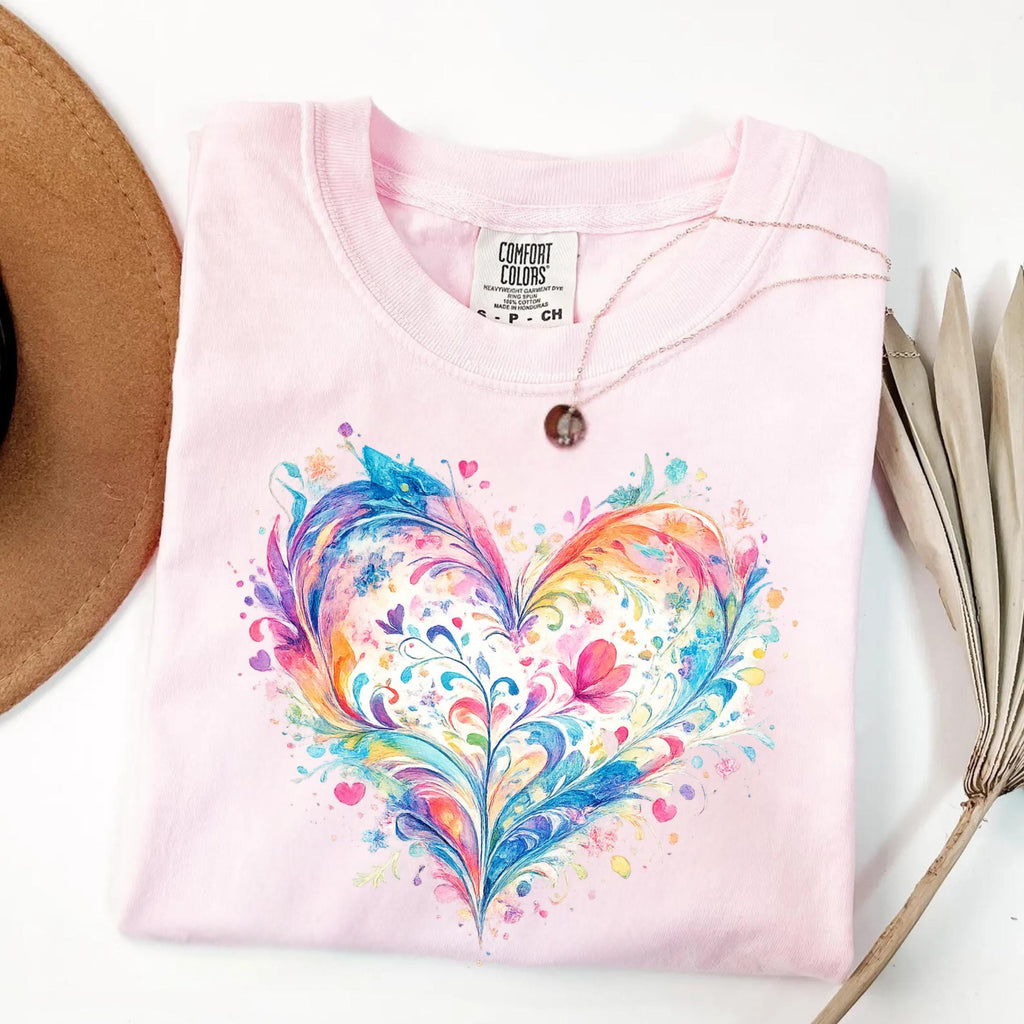 Comfort Colors Watercolor Heart Shirt Mothers Day Gift Colorful Love Art Romantic Cute Trendy Soft Vintage Floral Pastel Tee Women Mom Gift