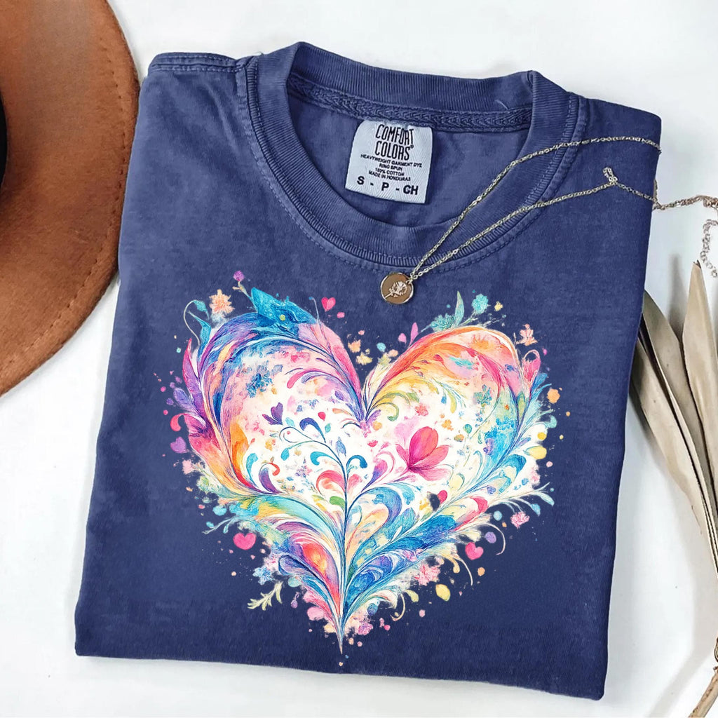 Comfort Colors Watercolor Heart Shirt Mothers Day Gift Colorful Love Art Romantic Cute Trendy Soft Vintage Floral Pastel Tee Women Mom Gift