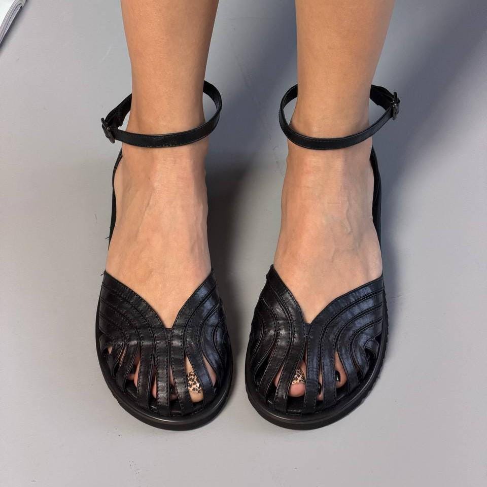 Delicate Milk Leather Sandals with Ankle Strap, Round Toe Flats, Flat Sole Shoes, Soft Comfortable Shoes, Wedding Bridal Sandals