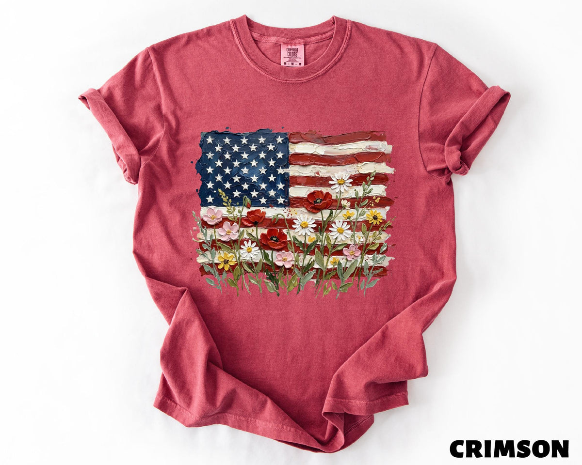 Floral American Flag Shirt, 4th Of July T-Shirt, Patriotic Wildflower USA Tee, Independence Day Shirt, Floral America Freedom Tee
