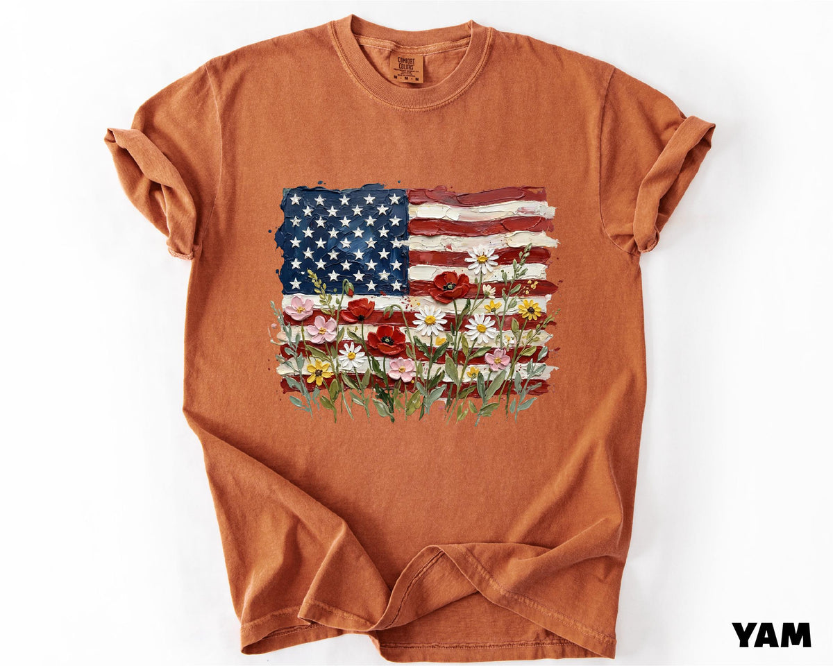 Floral American Flag Shirt, 4th Of July T-Shirt, Patriotic Wildflower USA Tee, Independence Day Shirt, Floral America Freedom Tee