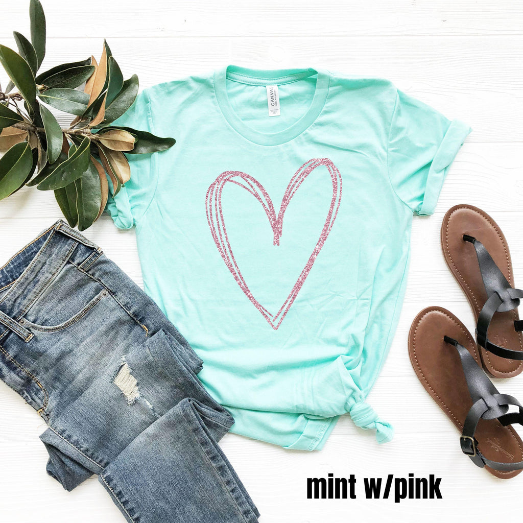 Sparkly Glitter Heart Tee, Lightweight Bella Canvas T-shirt, Minimalist Graphic Top