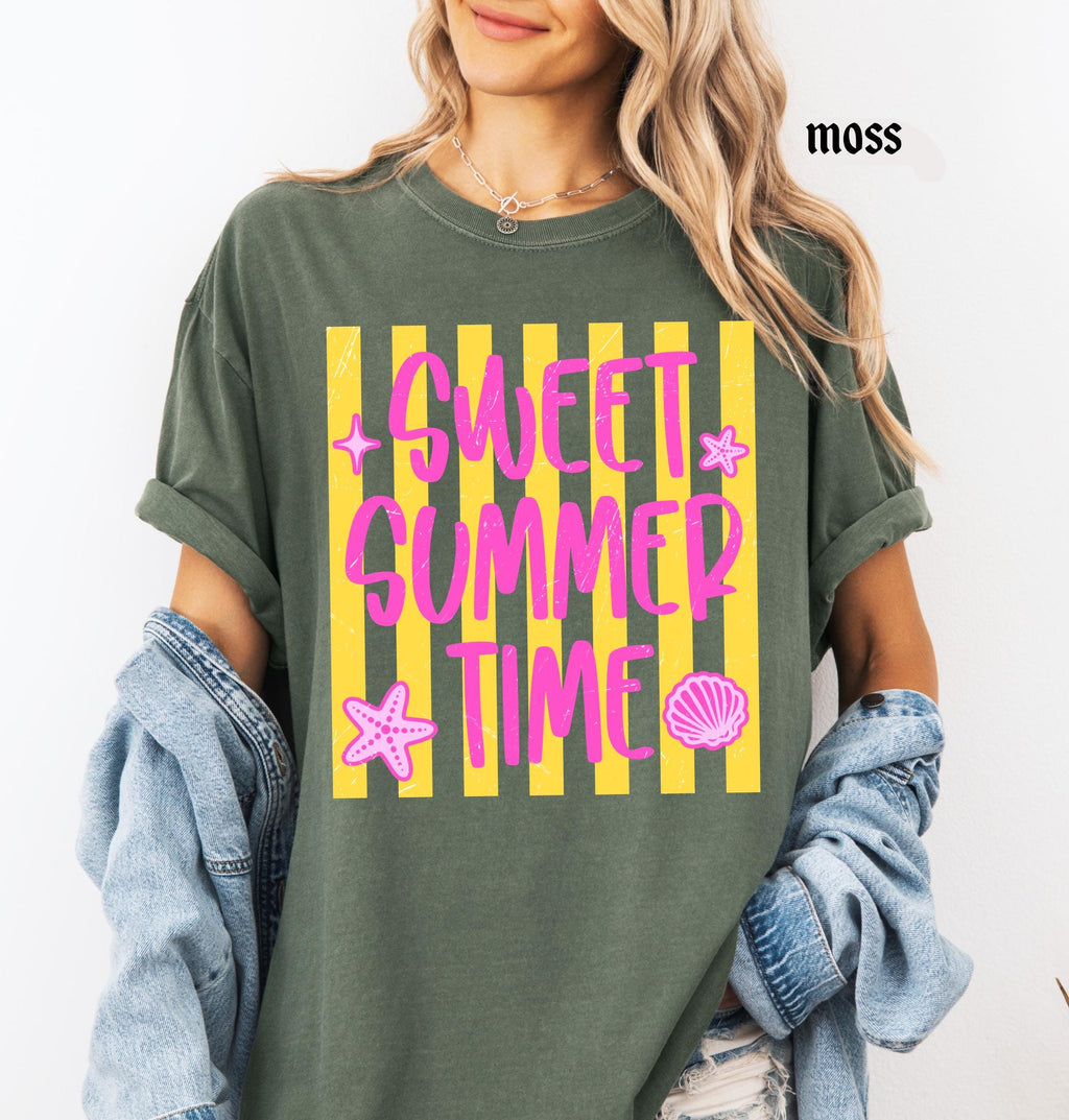 Comfort Colors Striped Summer Custom Shirt, Beach Life Shirt, Sweet Summer Time, Neon Summer Vibes, Lake Pool River, Salty Women Shirt