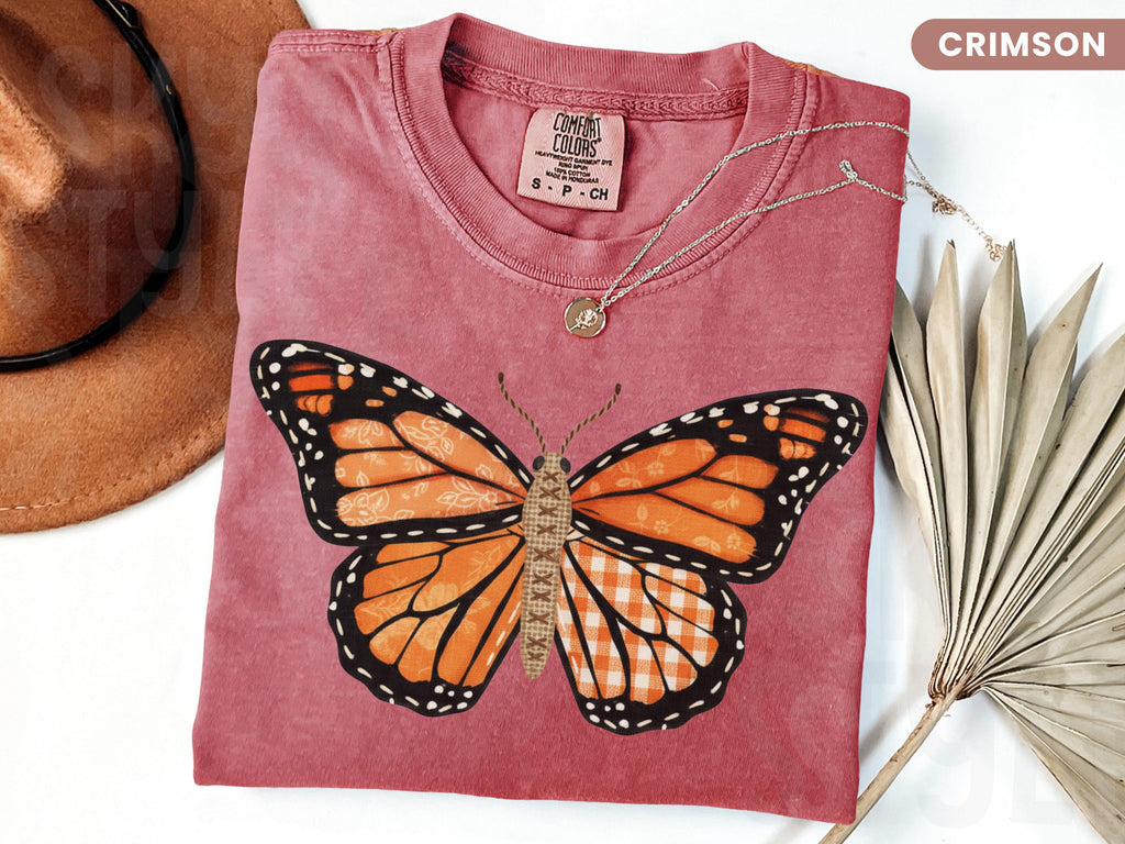 Comfort Colors® Faux Patchwork Monarch Butterfly Shirt, Floral Spring Butterfly Shirts, Nature Lover TShirt, Cottagecore Butterfly Tee