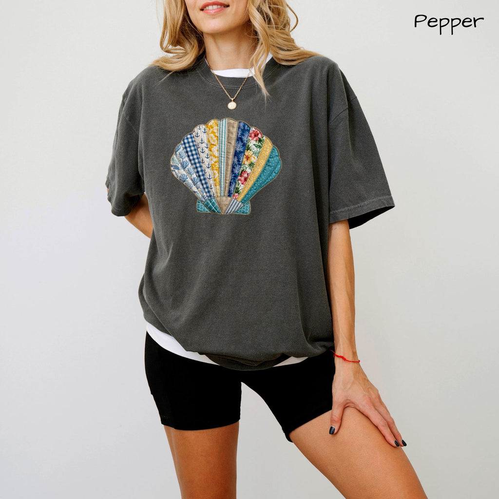 Comfort Colors® Faux Patchwork Seashell Comfort Colors Shirt, Cute Ocean Aesthetic Tank Top, Beach Summer Graphic Tee, Summer Vibes T-Shirt