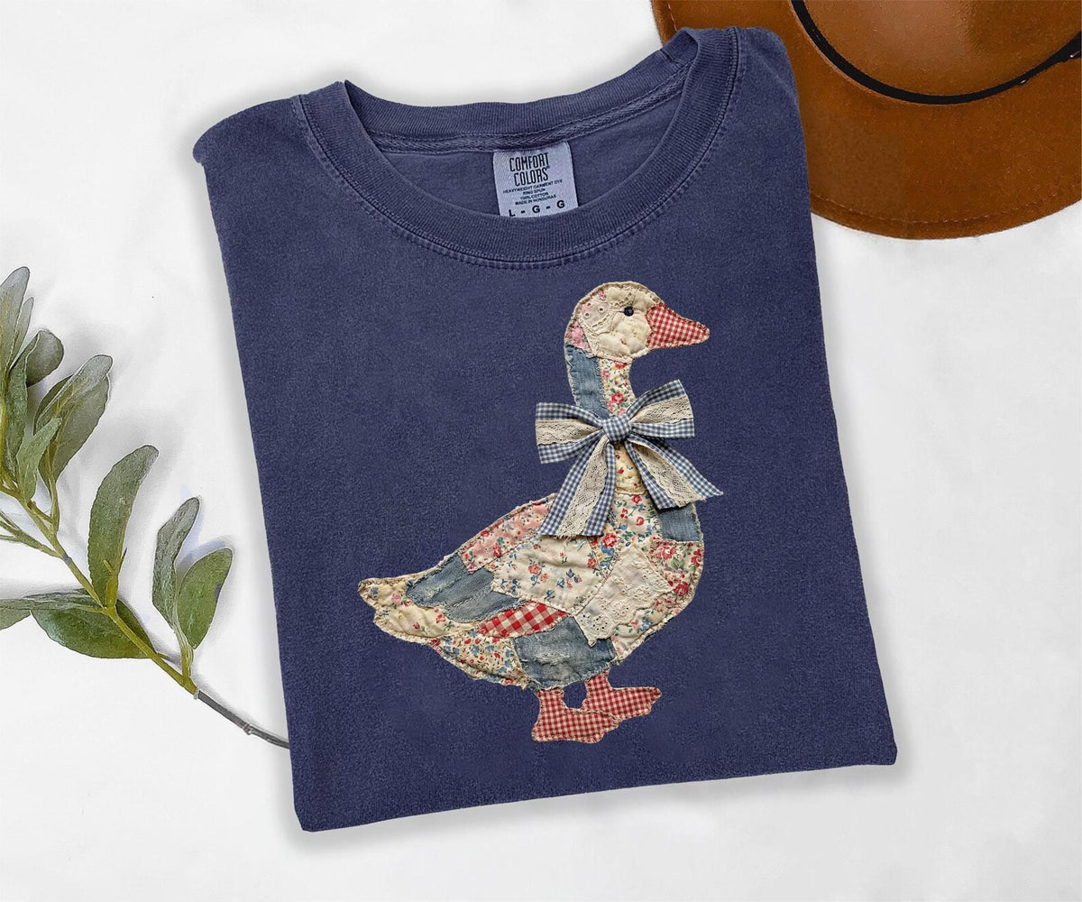 Comfort Colors® Faux Patchwork Grandmacore Goose Shirt,Easter graphic tee, floral retro coquette duck shirt, cottagecore gingham spring tee