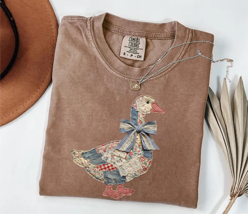 Comfort Colors® Faux Patchwork Grandmacore Goose Shirt,Easter graphic tee, floral retro coquette duck shirt, cottagecore gingham spring tee