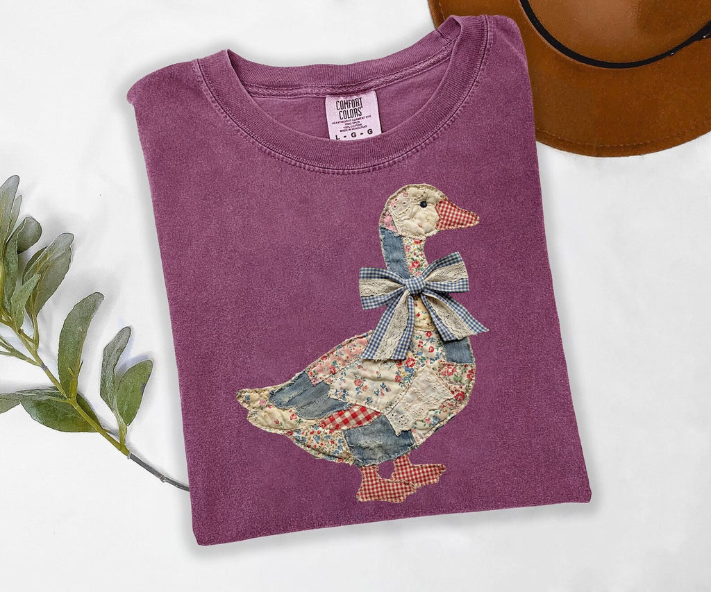 Comfort Colors® Faux Patchwork Grandmacore Goose Shirt,Easter graphic tee, floral retro coquette duck shirt, cottagecore gingham spring tee