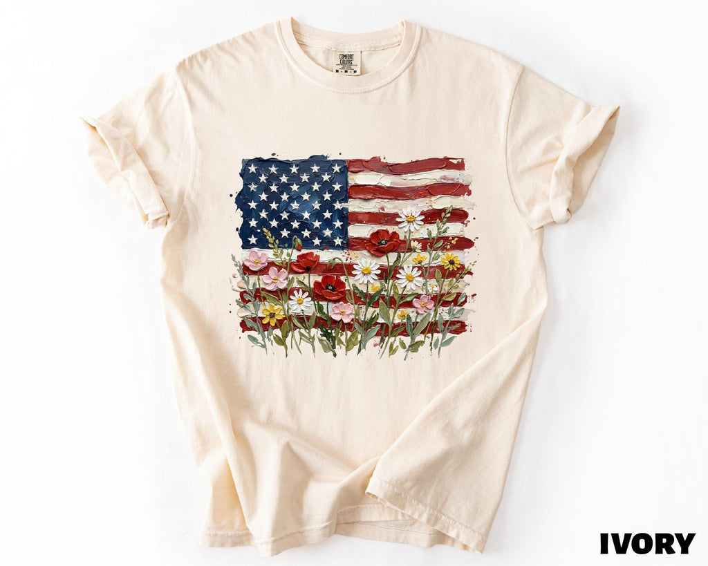 Floral American Flag Shirt, 4th Of July T-Shirt, Patriotic Wildflower USA Tee, Independence Day Shirt, Floral America Freedom Tee
