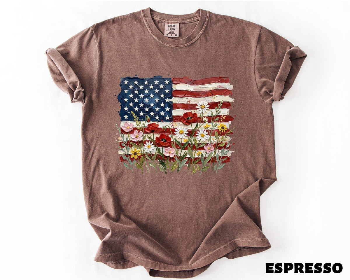 Floral American Flag Shirt, 4th Of July T-Shirt, Patriotic Wildflower USA Tee, Independence Day Shirt, Floral America Freedom Tee