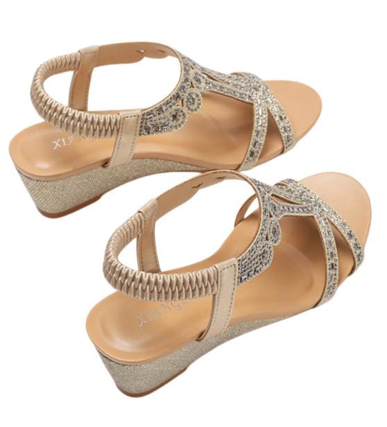 Custom Champagne Rhinestone Wedge Sandals | Sparkly Comfort Summer Wedges | Bridal & Evening Wear Shoes