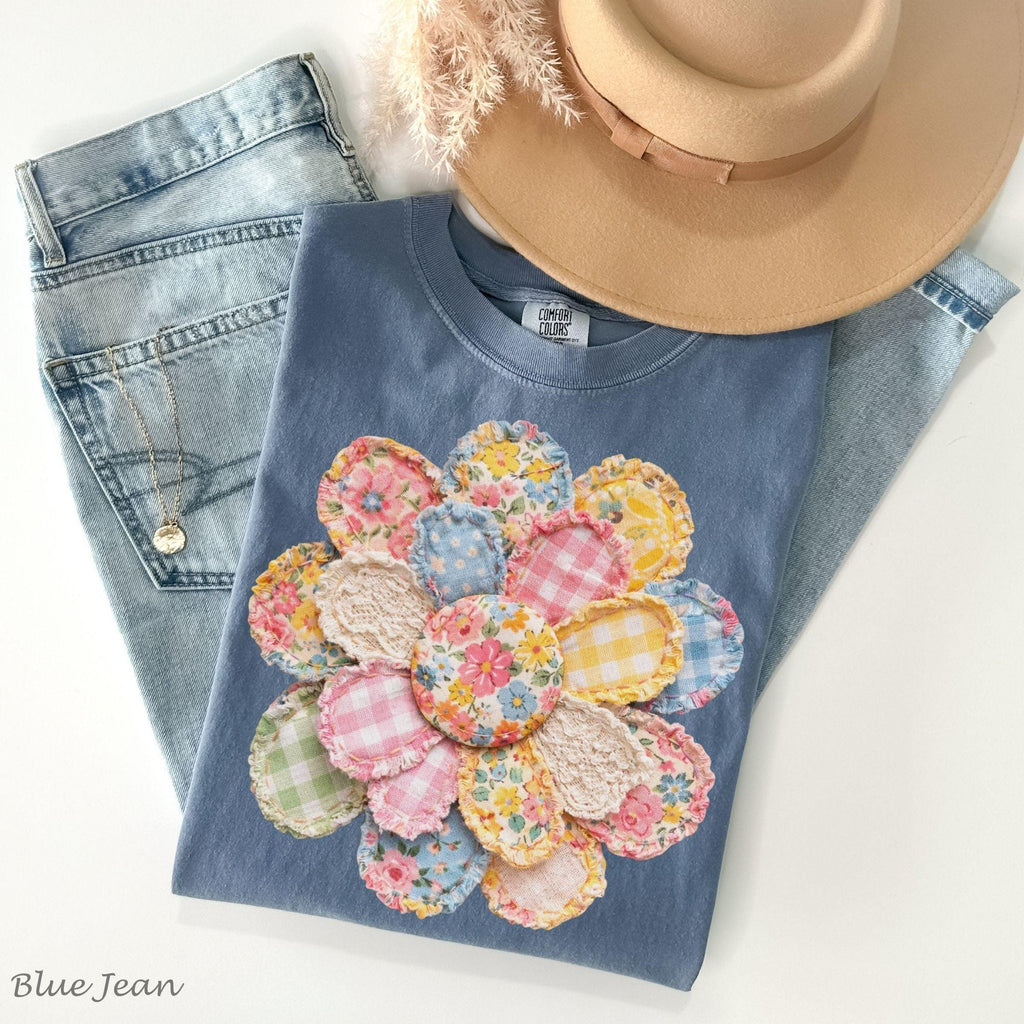 Comfort Colors® Faux Quilted Patchwork Daisy Shirt, Floral Graphic Tnk Top, Vintage Aesthetic Flower Top, Spring Cottagecore Patchwork Shirt