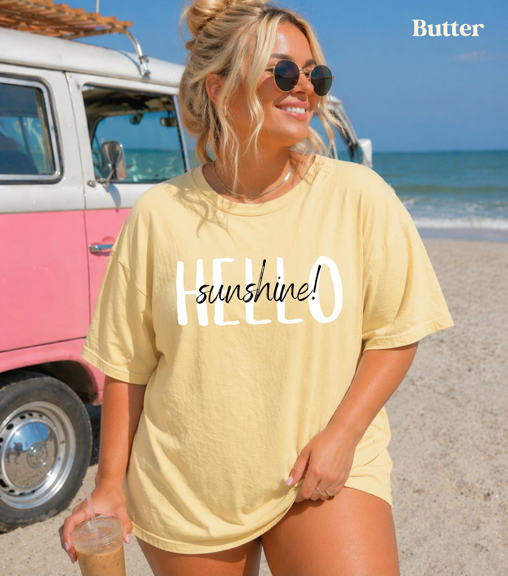 Hello Sunshine Shirt, Summer Comfort Colors Shirt, Sunshine Tshirt, Beach Vacation Tees, Spring Outfits Women, Summer Cotton Shirts, Sunny