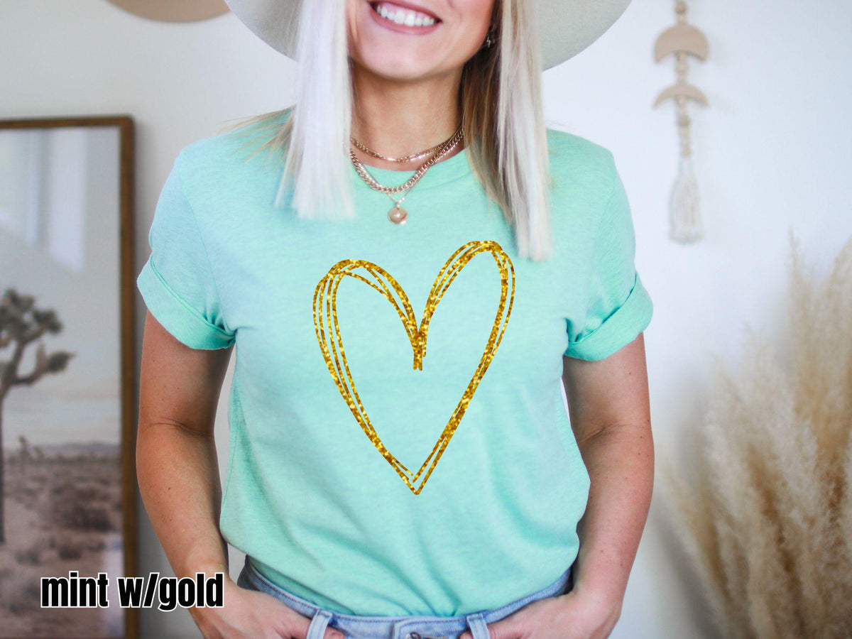 Sparkly Glitter Heart Tee, Lightweight Bella Canvas T-shirt, Minimalist Graphic Top