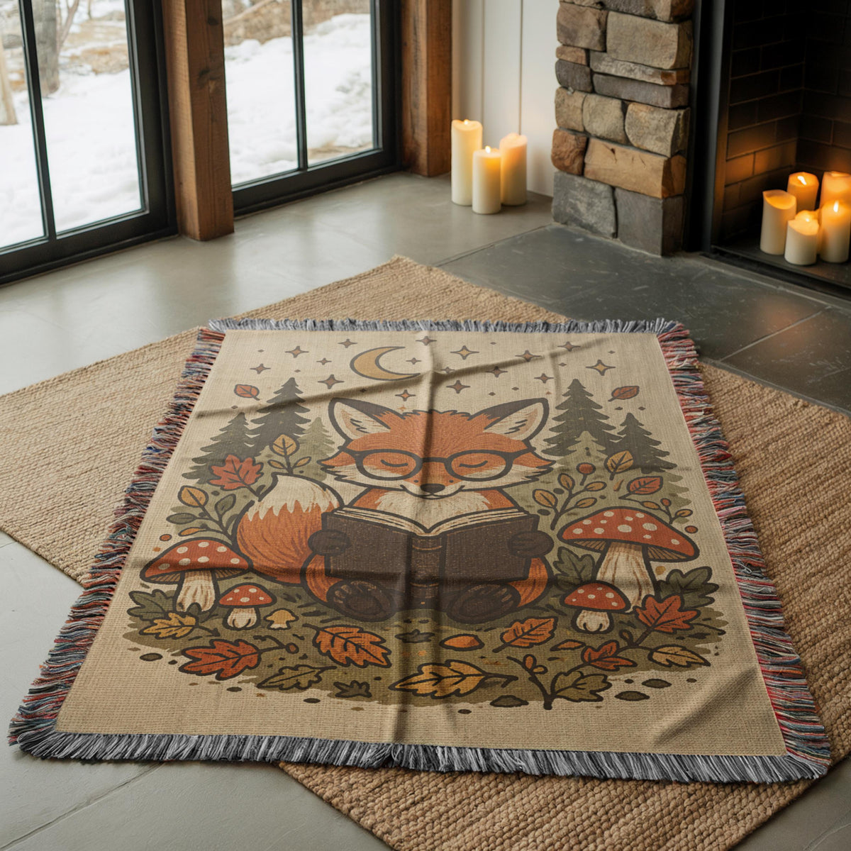 Reading Fox Woven Blanket, Book Lover Woodland Throw, Cozy Cottagecore Animal Blanket