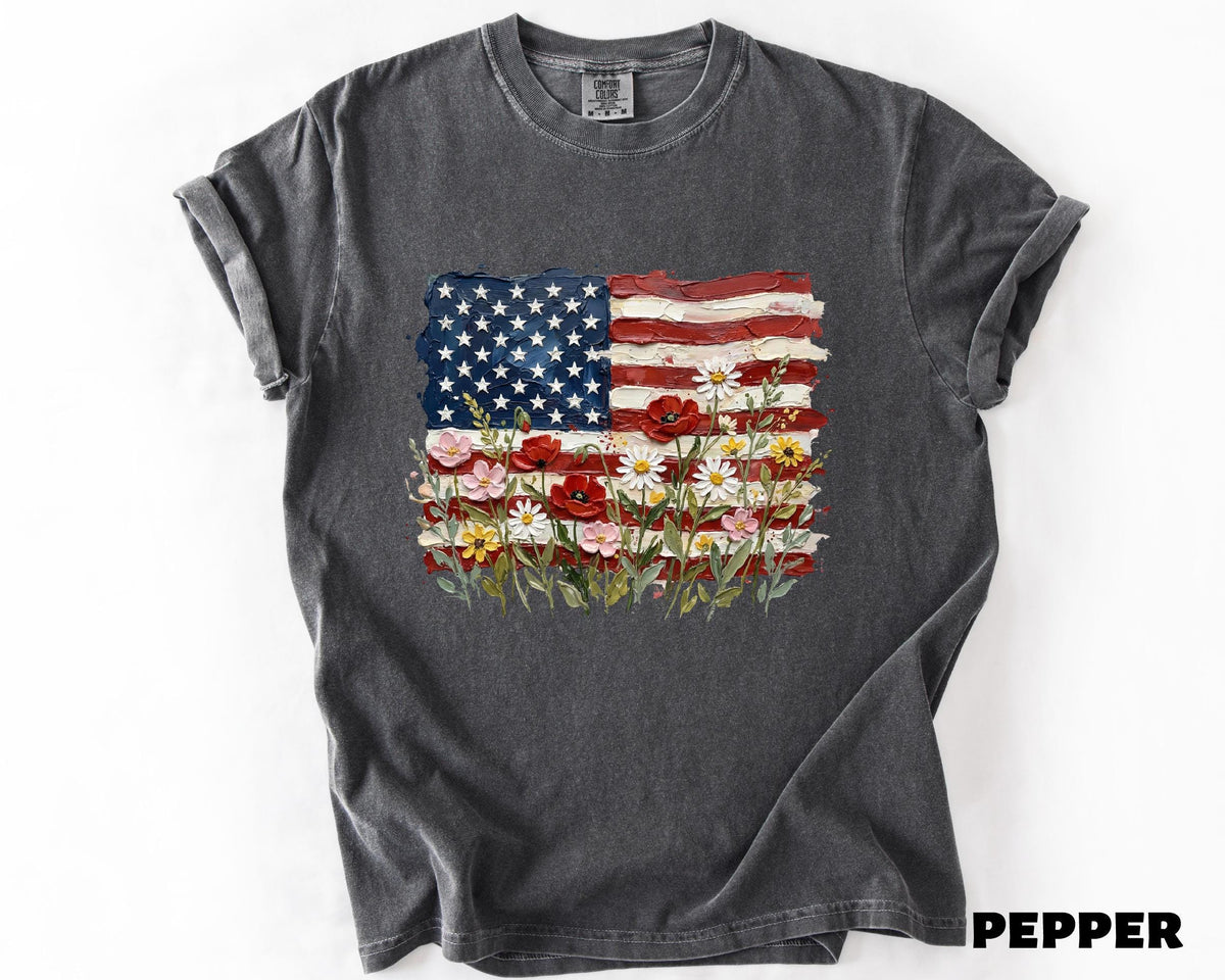 Floral American Flag Shirt, 4th Of July T-Shirt, Patriotic Wildflower USA Tee, Independence Day Shirt, Floral America Freedom Tee