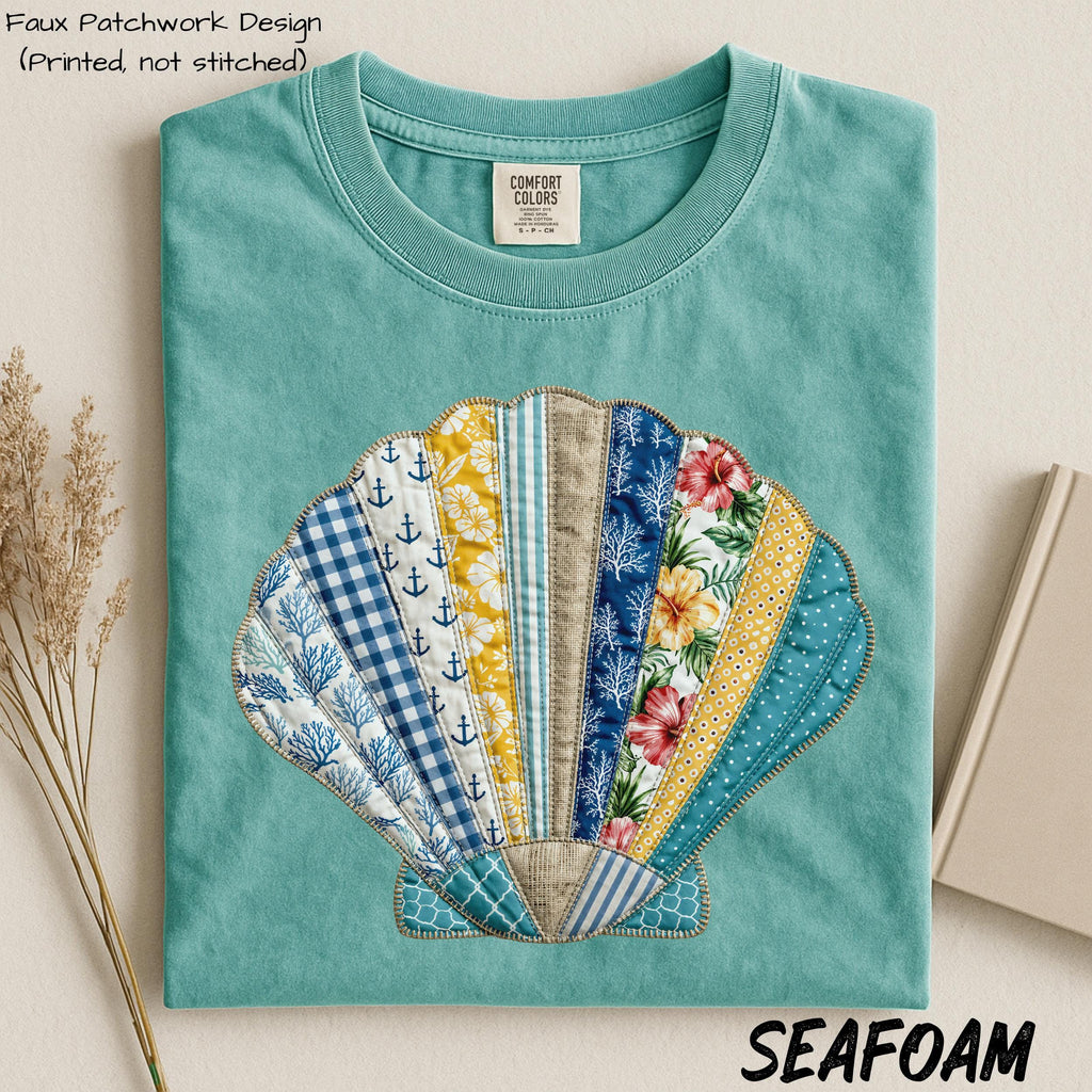 Comfort Colors® Faux Patchwork Seashell Comfort Colors Shirt, Cute Ocean Aesthetic Tank Top, Beach Summer Graphic Tee, Summer Vibes T-Shirt
