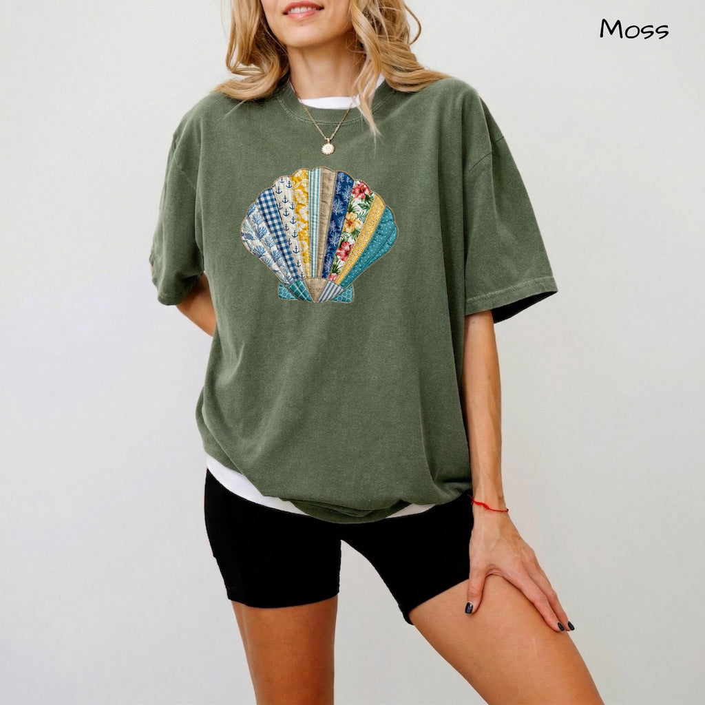 Comfort Colors® Faux Patchwork Seashell Comfort Colors Shirt, Cute Ocean Aesthetic Tank Top, Beach Summer Graphic Tee, Summer Vibes T-Shirt