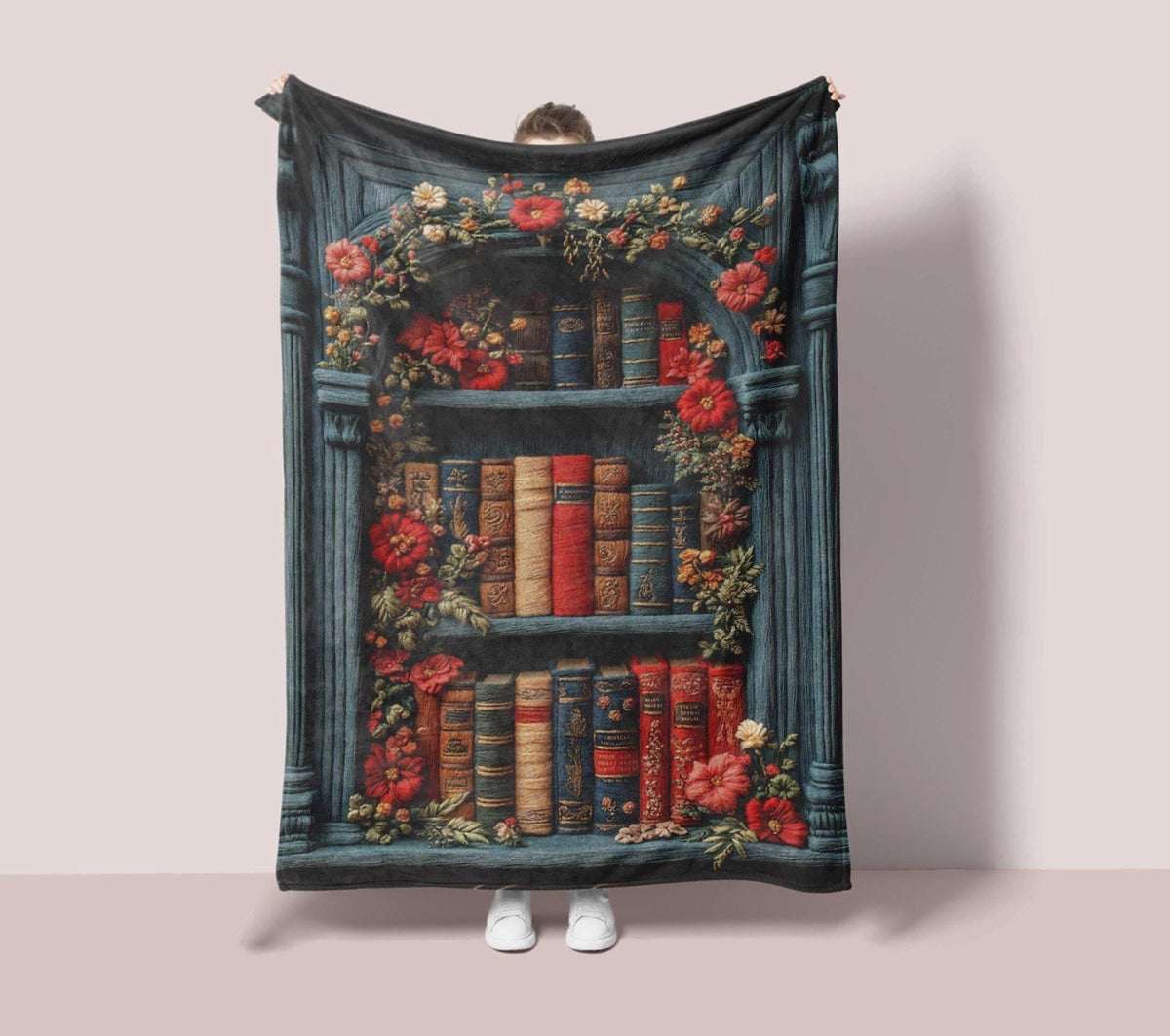 Bookshelf Throw Blanket, Vintage Floral Books, Cozy Reading Nook Decor