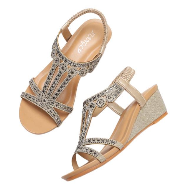 Custom Champagne Rhinestone Wedge Sandals | Sparkly Comfort Summer Wedges | Bridal & Evening Wear Shoes