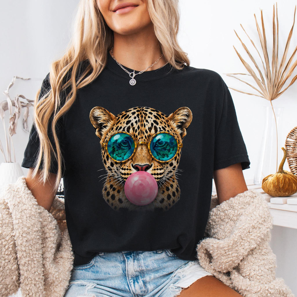 Leopard Bubblegum Sunglasses Shirt: Funny Wild Cat Graphic Tee, Trendy Animal Print Top
