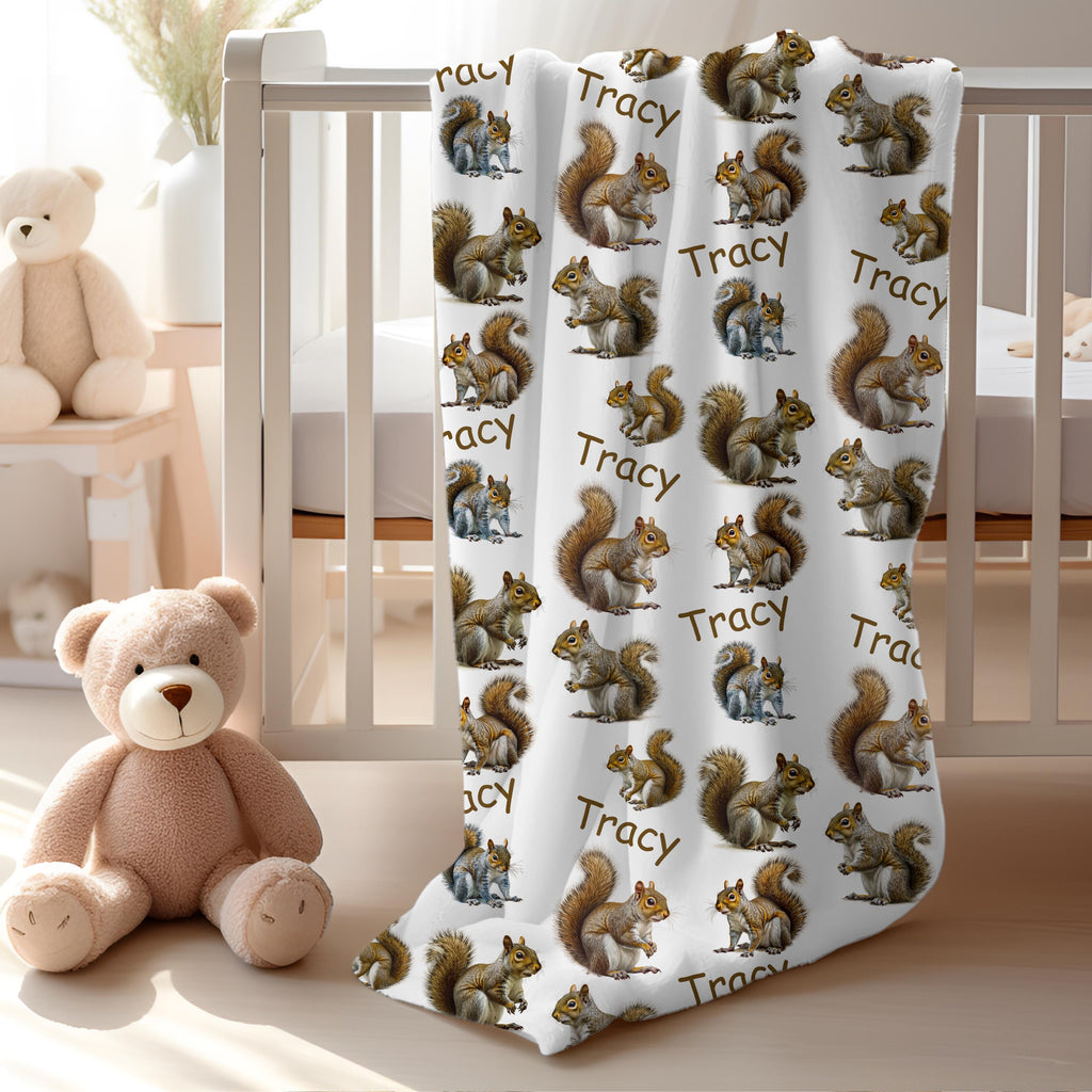 Squirrel Blanket Gift With Name, Custom Kids Name Blanket, Animal Lover Birthday Gift, Cute Personalized Nature Christmas Present For Mom
