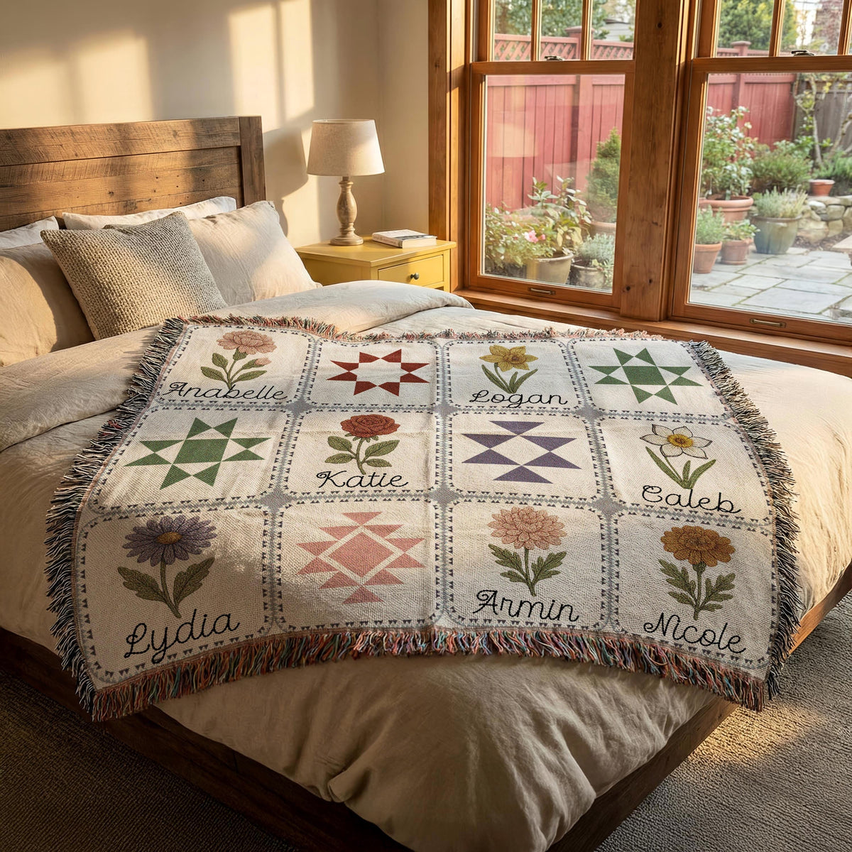Custom Birth Flower Patchwork Blanket: Family Christmas Gift Blanket Personalized Grandma's Garden Woven Throw