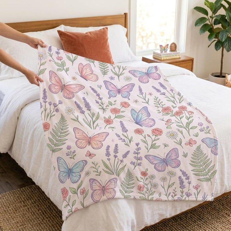Butterfly Throw Blanket, Floral Butterfly Blanket, Cozy Fleece Blanket, Nature Lover Gift, Cottagecore Home Decor, Soft Sofa Blanket