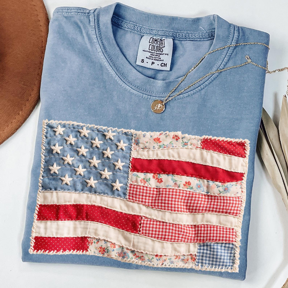 Comfort Colors® Faux Patchwork American Flag Shirt, 250th Years Patriotic Fourth Of July T-sshirt, Vintage Faux Quilted USA Graphic T-shirts