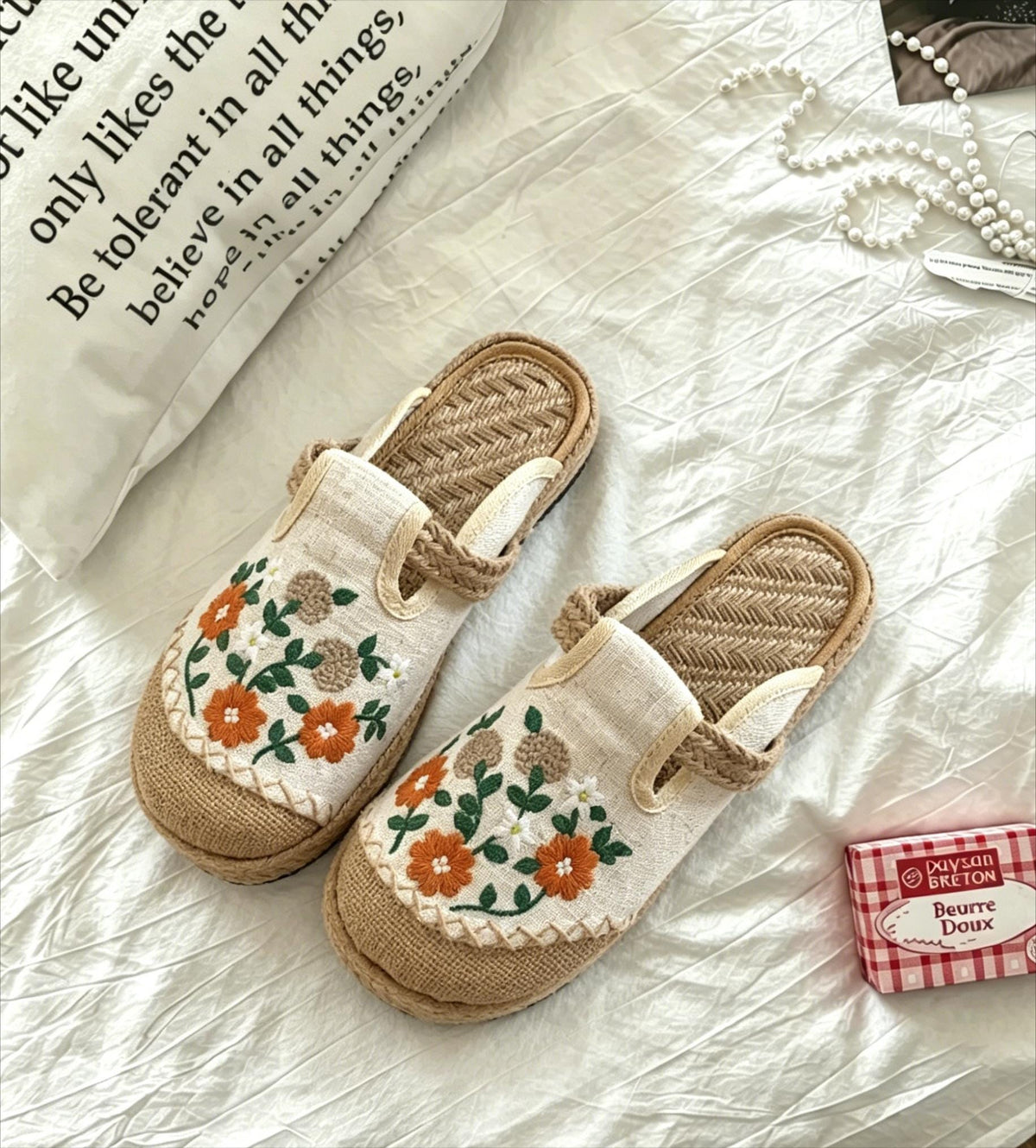 Women's Summer Lazy Slip-On Embroidered Fisherman Shoes, Handmade Straw Woven Linen Beach Slippers, Comfortable Flat Sandals for Daily Wear