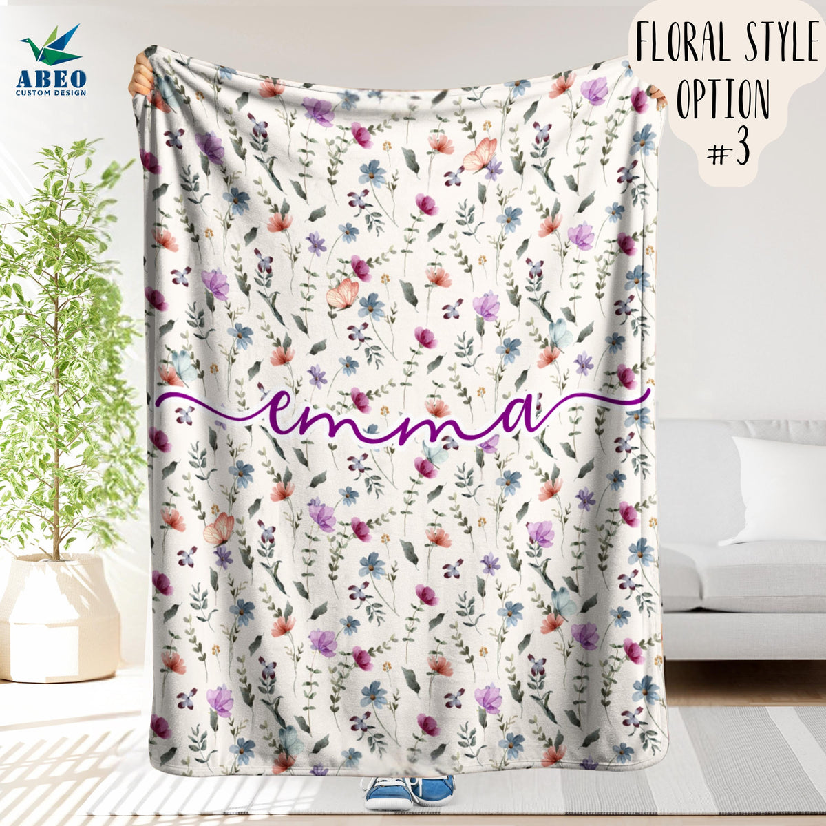 Floral Name Blanket for Girls, Personalized Boho Watercolor Nursery Throw, Soft Fleece or Sherpa, Custom Wildflower Baby Shower Gift | abeo