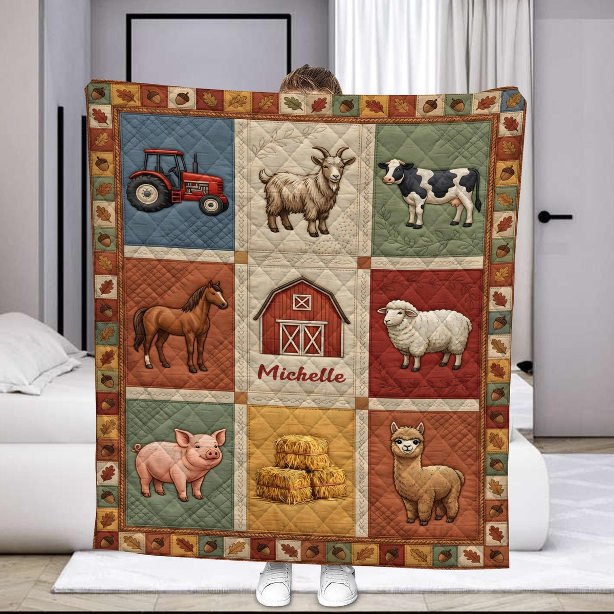Personalized Farm Animal Quilt, Custom Name Barn Blanket, Rustic Country Bedding Gift
