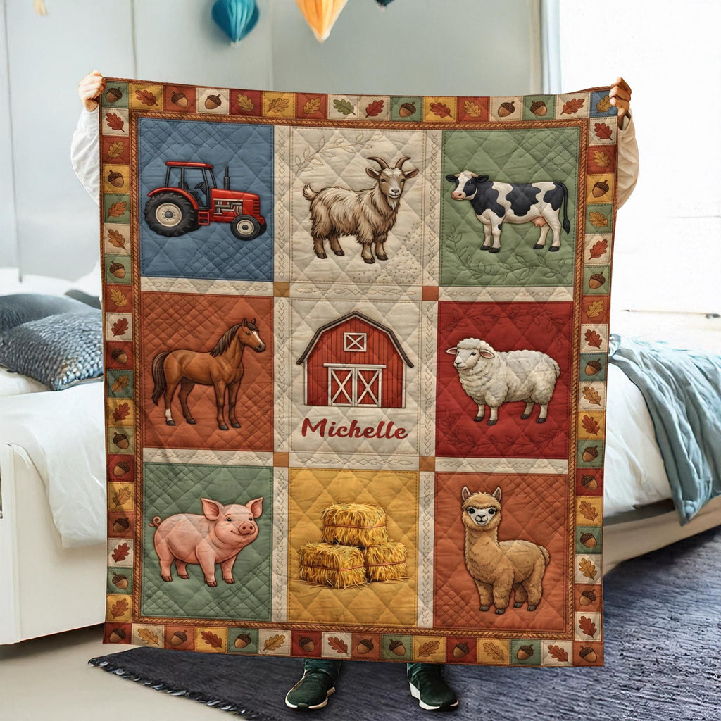 Personalized Farm Animal Quilt, Custom Name Barn Blanket, Rustic Country Bedding Gift