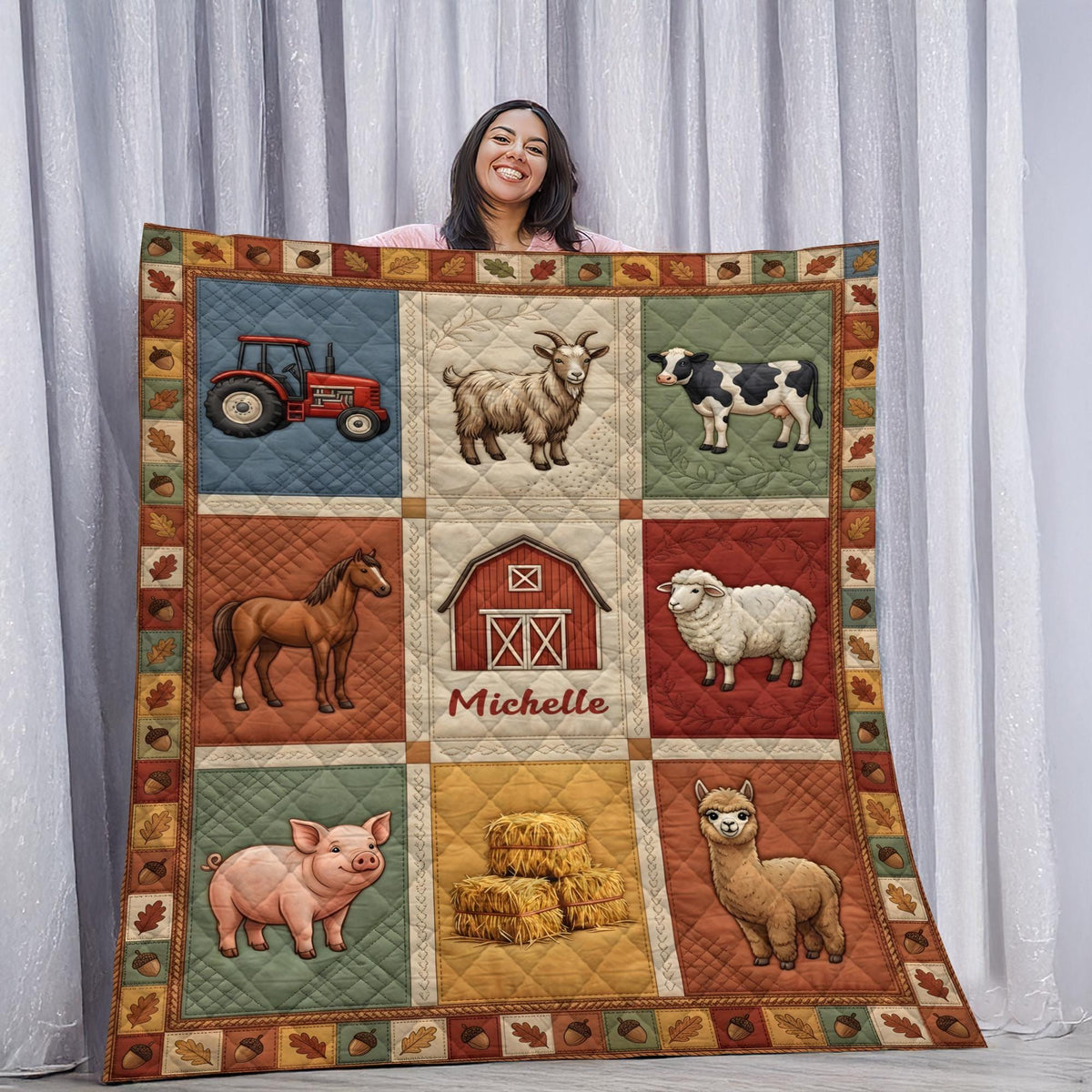 Personalized Farm Animal Quilt, Custom Name Barn Blanket, Rustic Country Bedding Gift