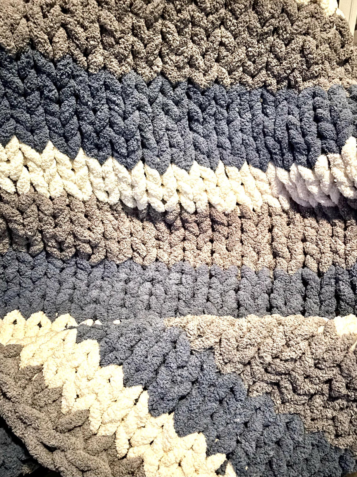 Chunky Knit Throw Blanket | Stormy Coast Stripes, Chenille Yarn, 40x58