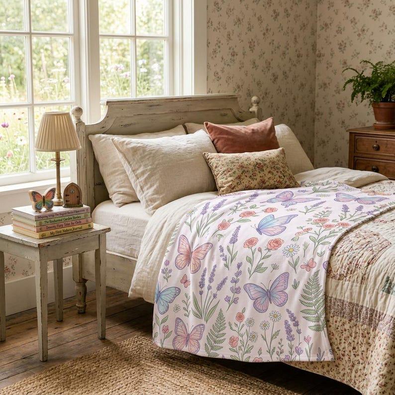 Butterfly Throw Blanket, Floral Butterfly Blanket, Cozy Fleece Blanket, Nature Lover Gift, Cottagecore Home Decor, Soft Sofa Blanket