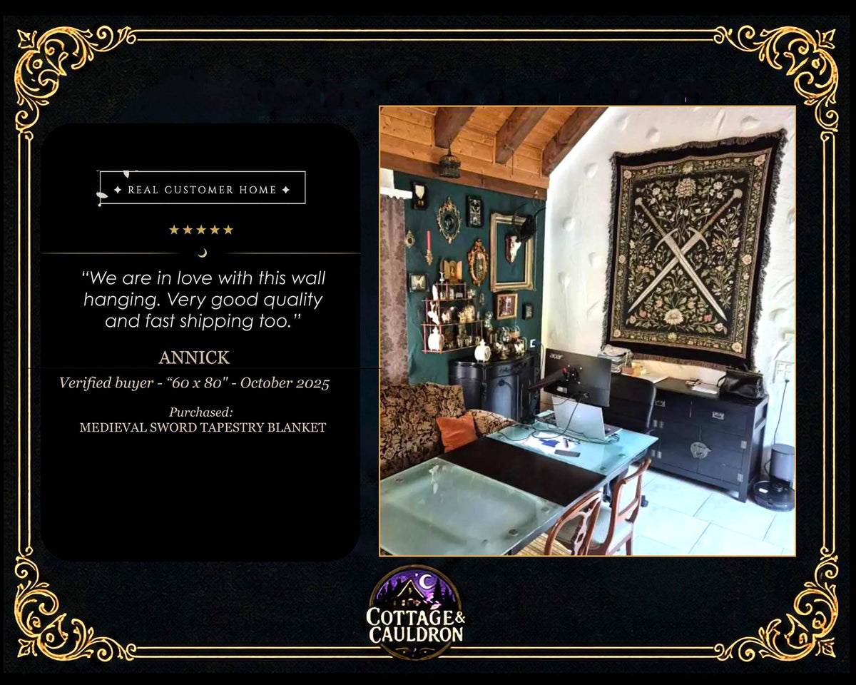 Medieval Sword Tapestry Blanket - Woven Floral Gothic Wall Art and Fantasy Decor Gift for DnD Lovers