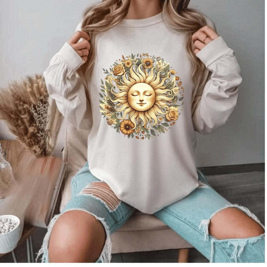Comfort Boho Spiritual Sun Shirt,Women's Moon Short Sleeve T-shirt, Vintage Trendy Casual for Daily Wear,Round Neck Tee