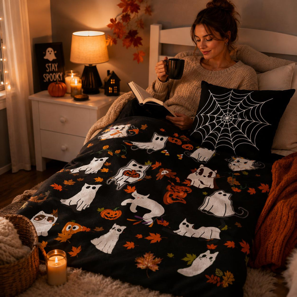 Halloween Ghost Cat Blanket, Cute Spooky Cat Throw Blanket, Cozy Fall Halloween Decor, Gothic Cat Lover Gift, Soft Plush Autumn Blanket