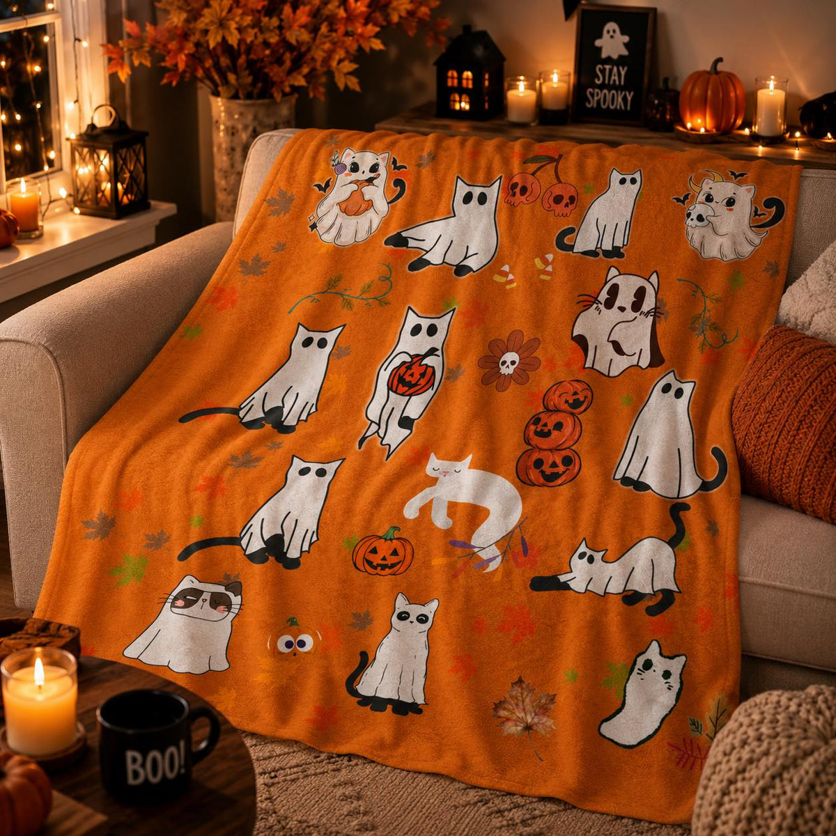 Halloween Ghost Cat Blanket, Cute Spooky Cat Throw Blanket, Cozy Fall Halloween Decor, Gothic Cat Lover Gift, Soft Plush Autumn Blanket