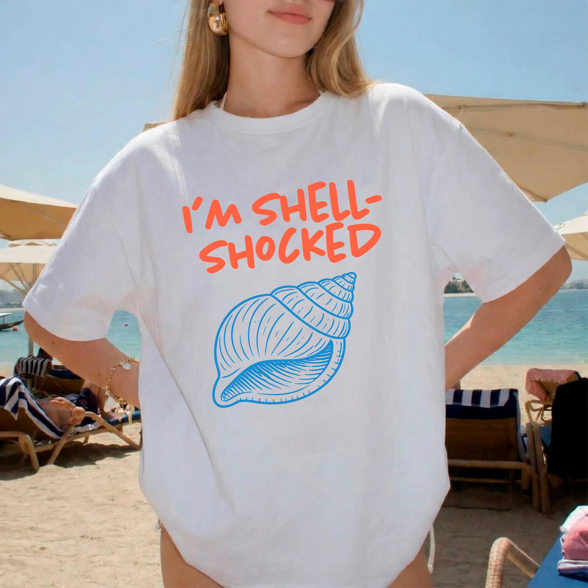 I'm Shell-Shocked Funny Beach T-Shirt, Coastal Cowgirl Summer Tee, Seashell Graphic Shirt for Women, Ocean Lover Gift, Trendy Vacation Top