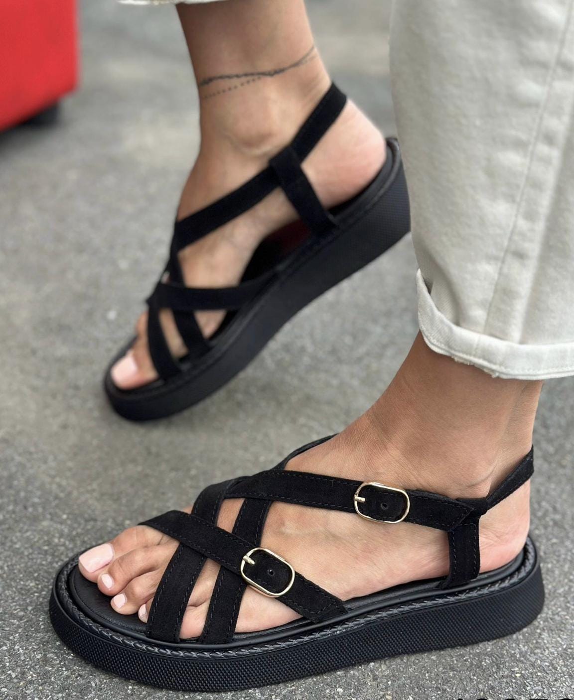 Comfortable Strappy Summer Sandals | Women's Chunky Sole Casual Walking Shoes | Lightweight Leather Suede Flats