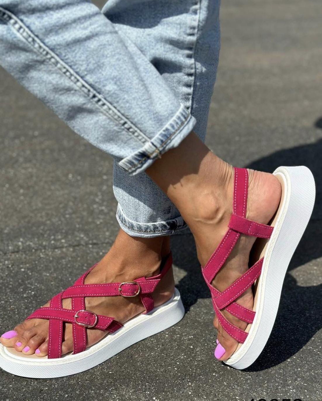 Comfortable Strappy Summer Sandals | Women's Chunky Sole Casual Walking Shoes | Lightweight Leather Suede Flats