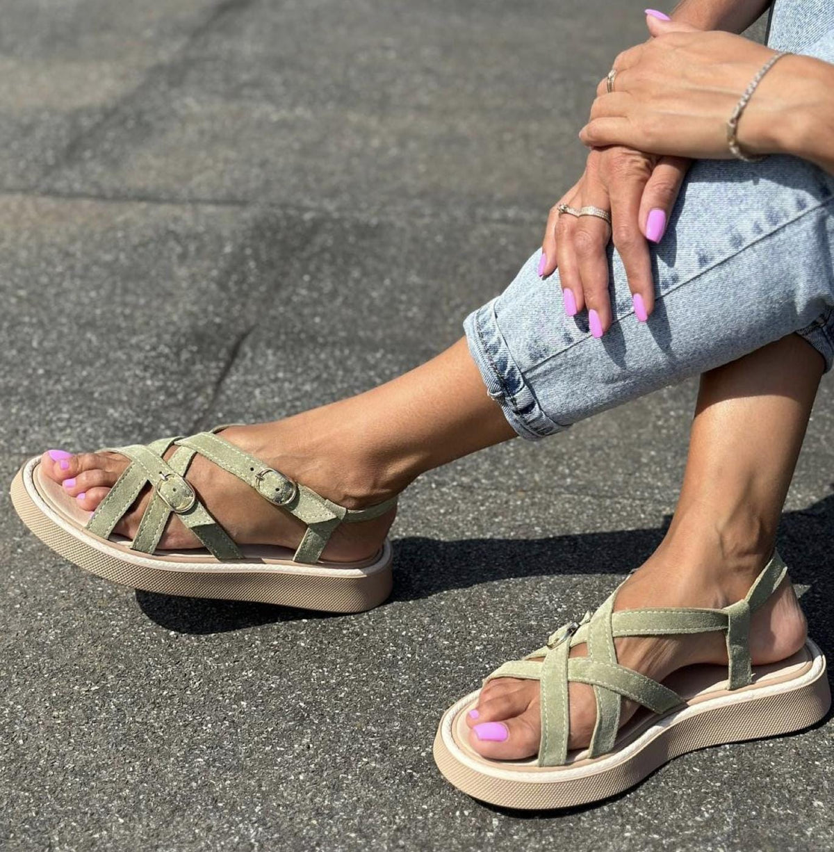 Comfortable Strappy Summer Sandals | Women's Chunky Sole Casual Walking Shoes | Lightweight Leather Suede Flats