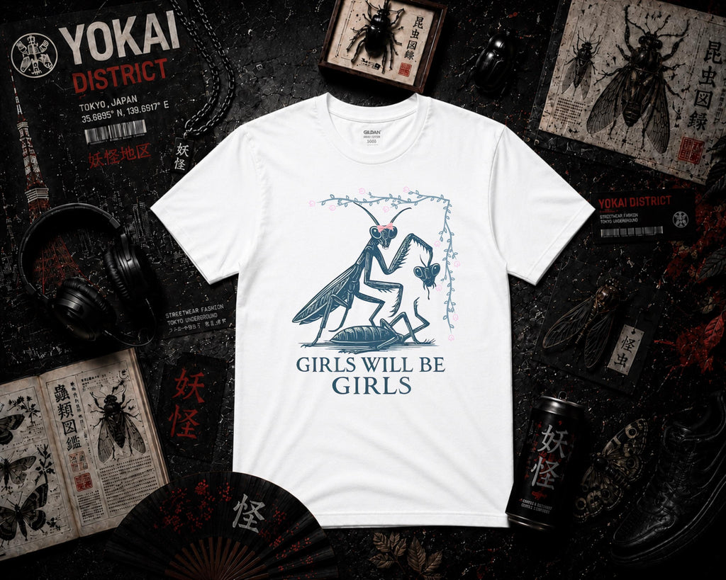Girls Will Be Girls T Shirt, Praying Mantis Graphic Tee, Dark Feminist Shirt with Pink Bow, Unisex Streetwear, Bold Statement Tee
