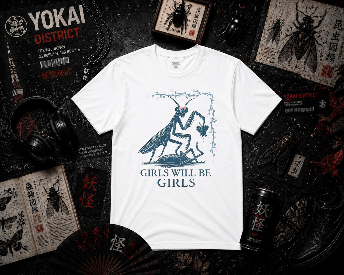 Girls Will Be Girls T Shirt, Praying Mantis Graphic Tee, Dark Feminist Shirt with Pink Bow, Unisex Streetwear, Bold Statement Tee