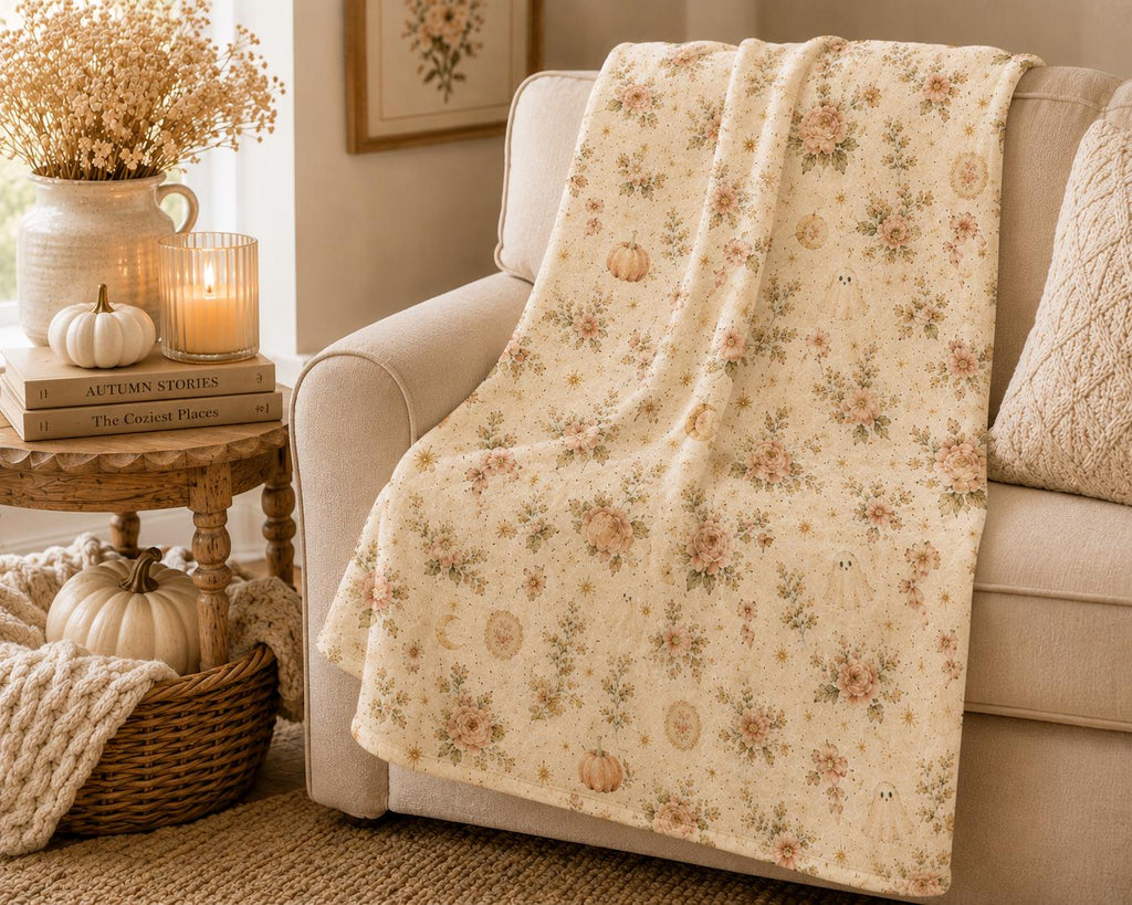 Summerween Plush Blanket 50x60, Ghost Floral Throw Blanket, Cottagecore Halloween Blanket, Pink Pumpkin Cozy Throw, Soft Spooky Fall Decor