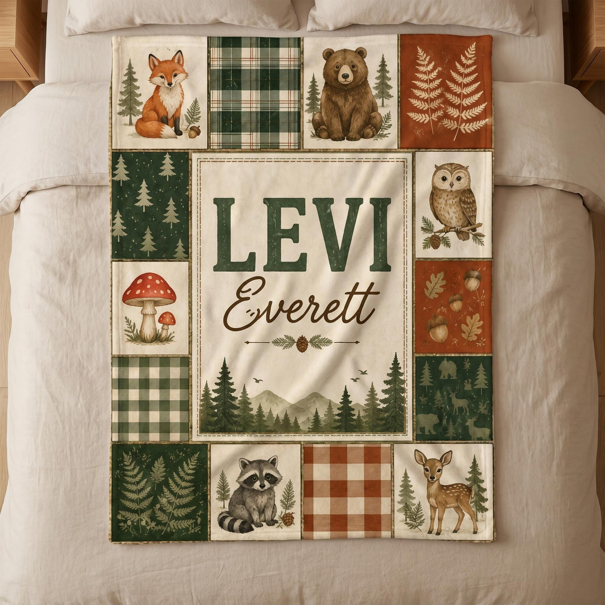 Personalized Woodland Blanket, Custom Name Forest Animal Patchwork Blanket, Fox Bear Deer Throw, Baby Nursery Gift Boy Girl